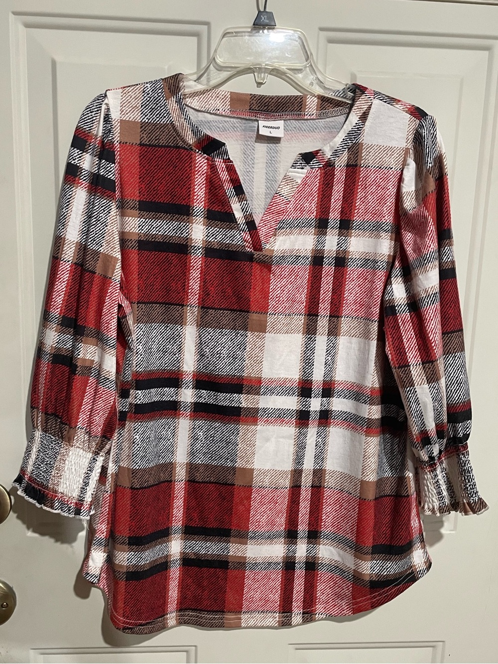 Relaxed Red Plaid Split-Neck Blouse with 3/4 Smocked Cuffs